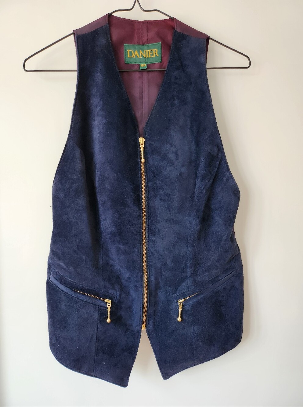 Danier Navy Suede Zip-Front Vest with Gold Hardware